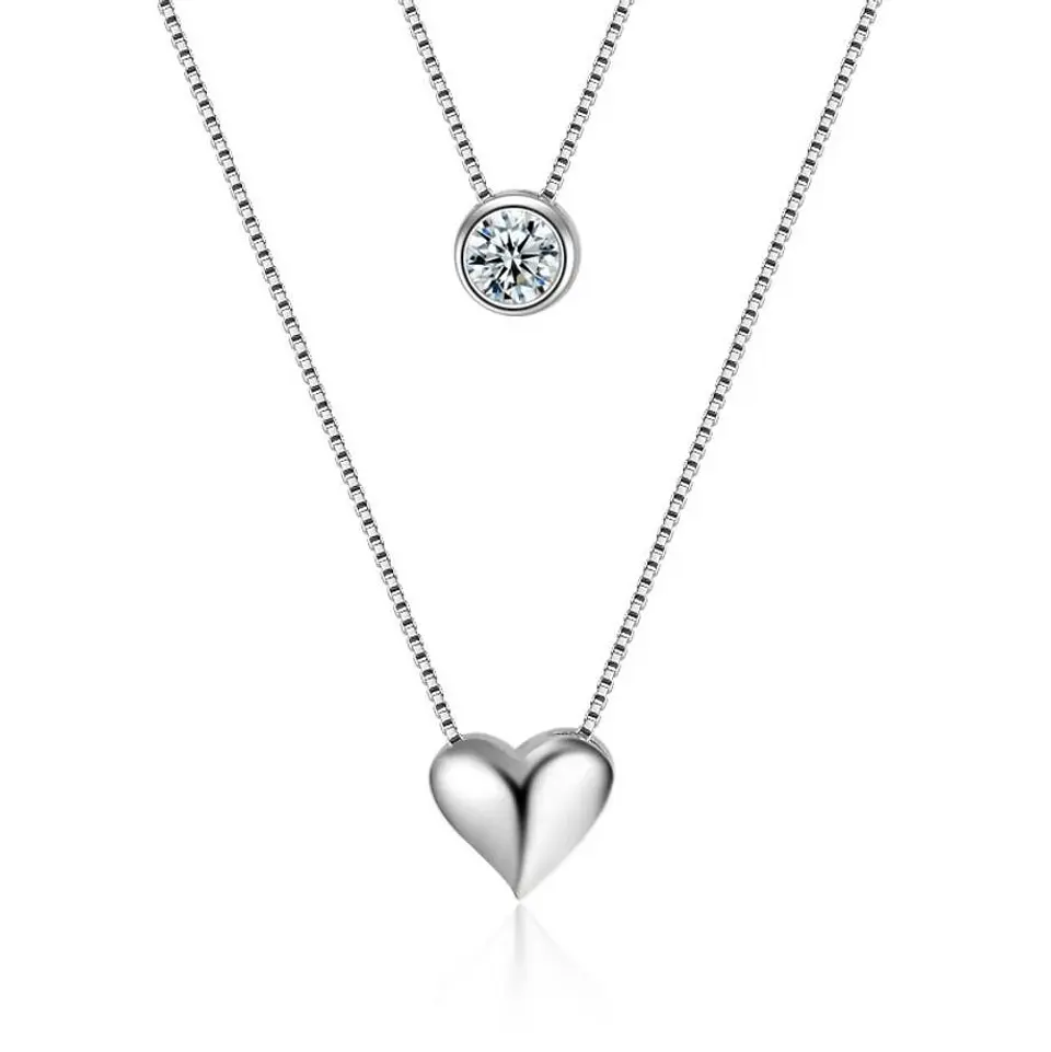 Collar Doble Plateado Corazon Circon 1