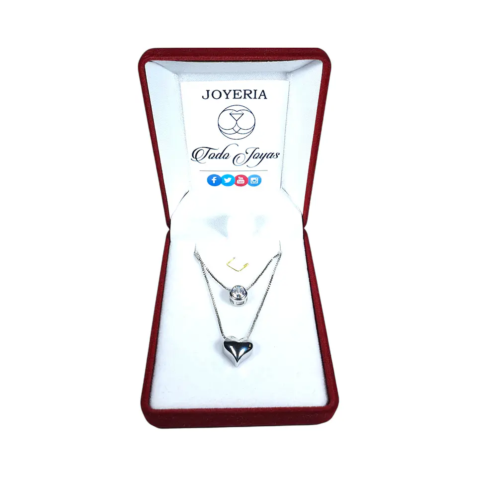 Collar Doble Plateado Corazon Circon 2
