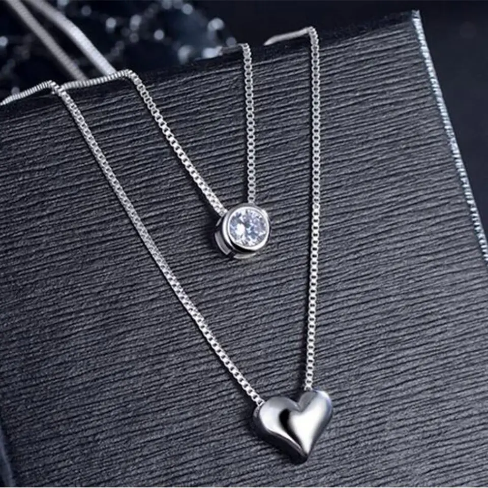 Collar Doble Plateado Corazon Circon 3