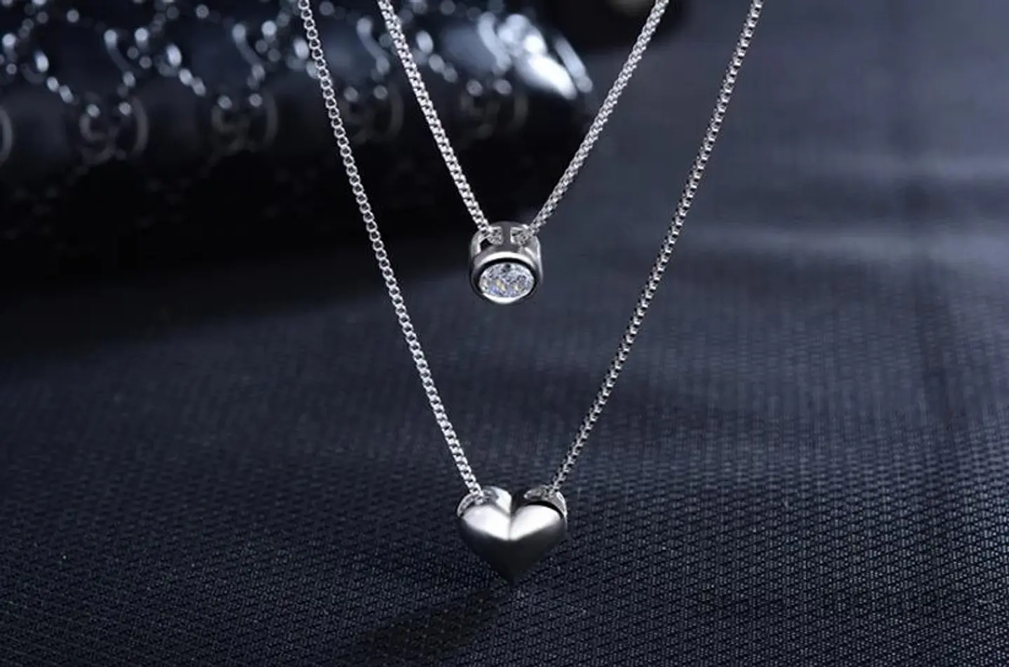 Collar Doble Plateado Corazon Circon 5