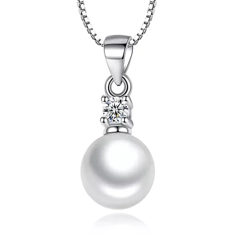 Collar Perla Blanca con Circon Plateado