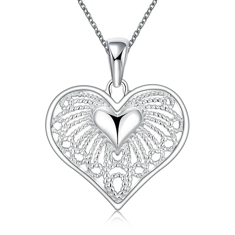 Collar Colgante Corazon Cadenas Plateado
