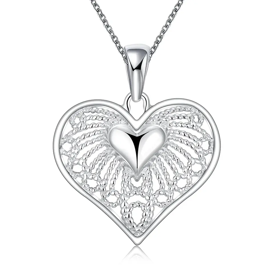 Collar Colgante Corazon Cadenas Plateado 1