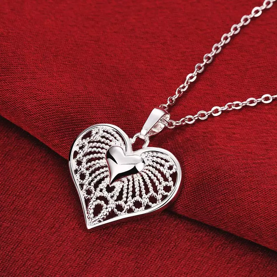 Collar Colgante Corazon Cadenas Plateado 3