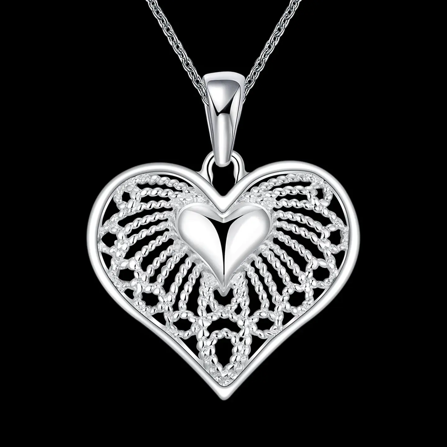 Collar Colgante Corazon Cadenas Plateado 5