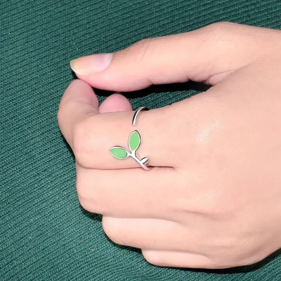 Anillo Doble Hoja Verde Plateado 3