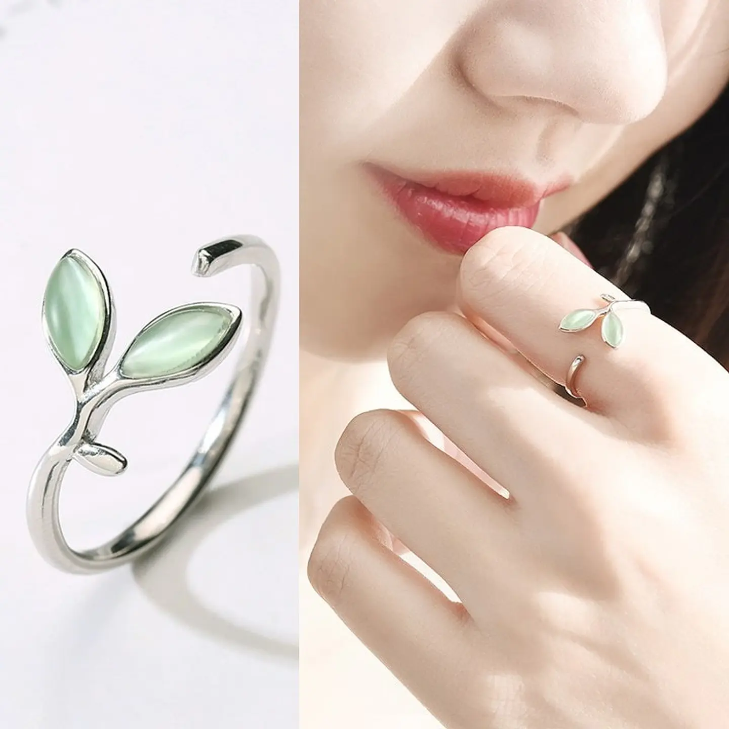 Anillo Doble Hoja Verde Plateado 4