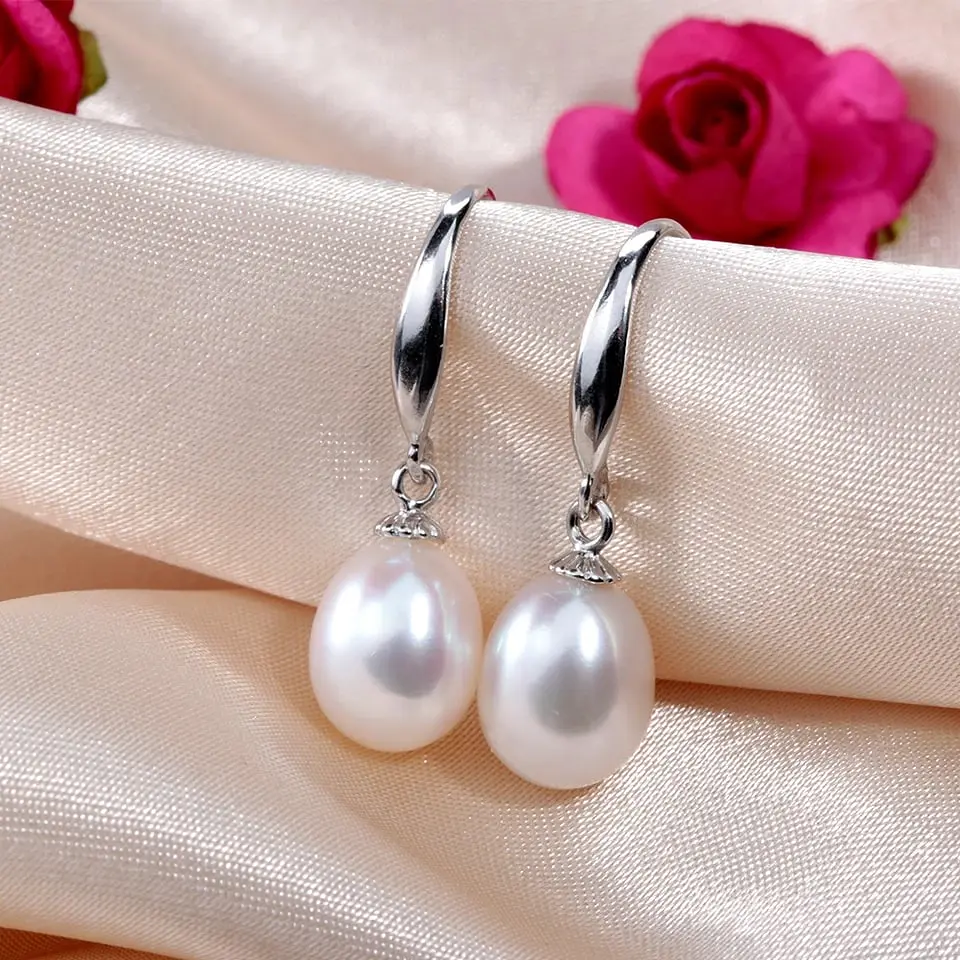 Aros Plata 925 Perla Colgante Blanco 3