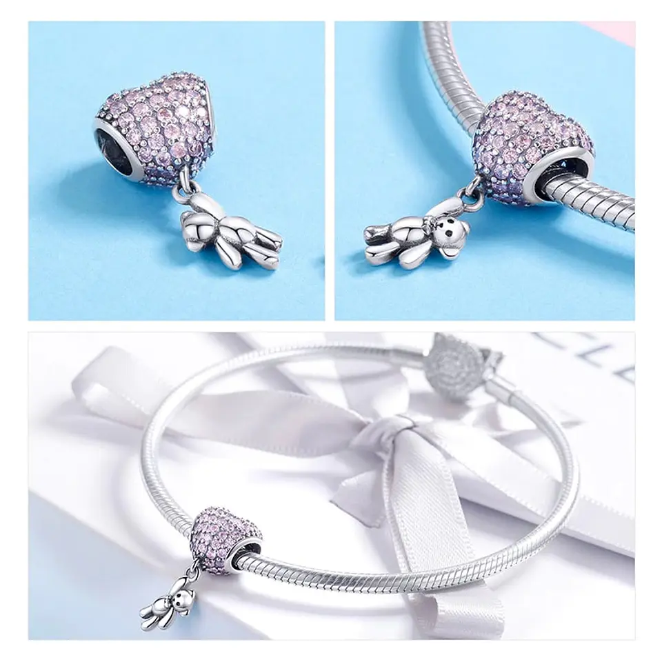 Charm Dije Plata 925 Oso Corazon Rosa 3