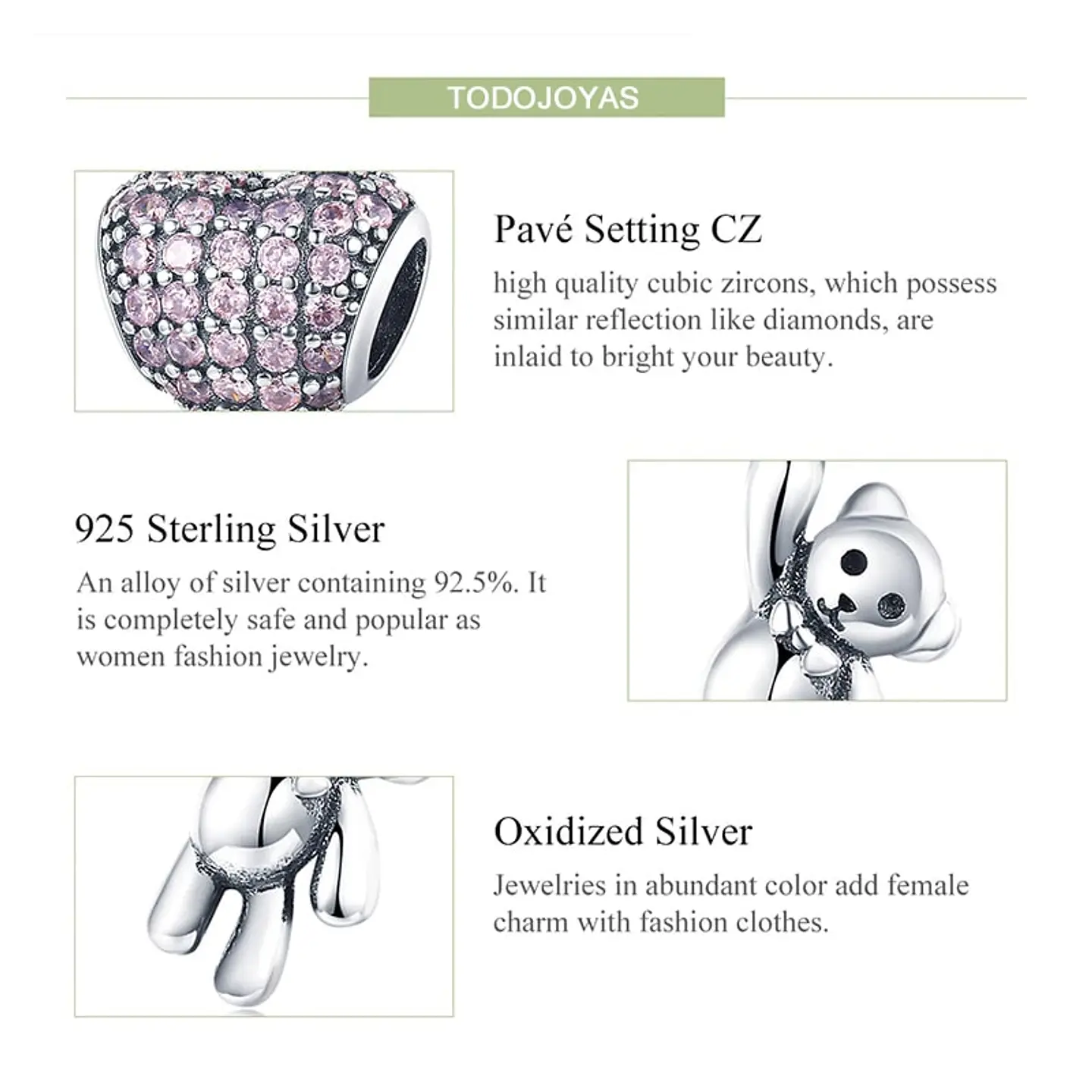 Charm Dije Plata 925 Oso Corazon Rosa 5