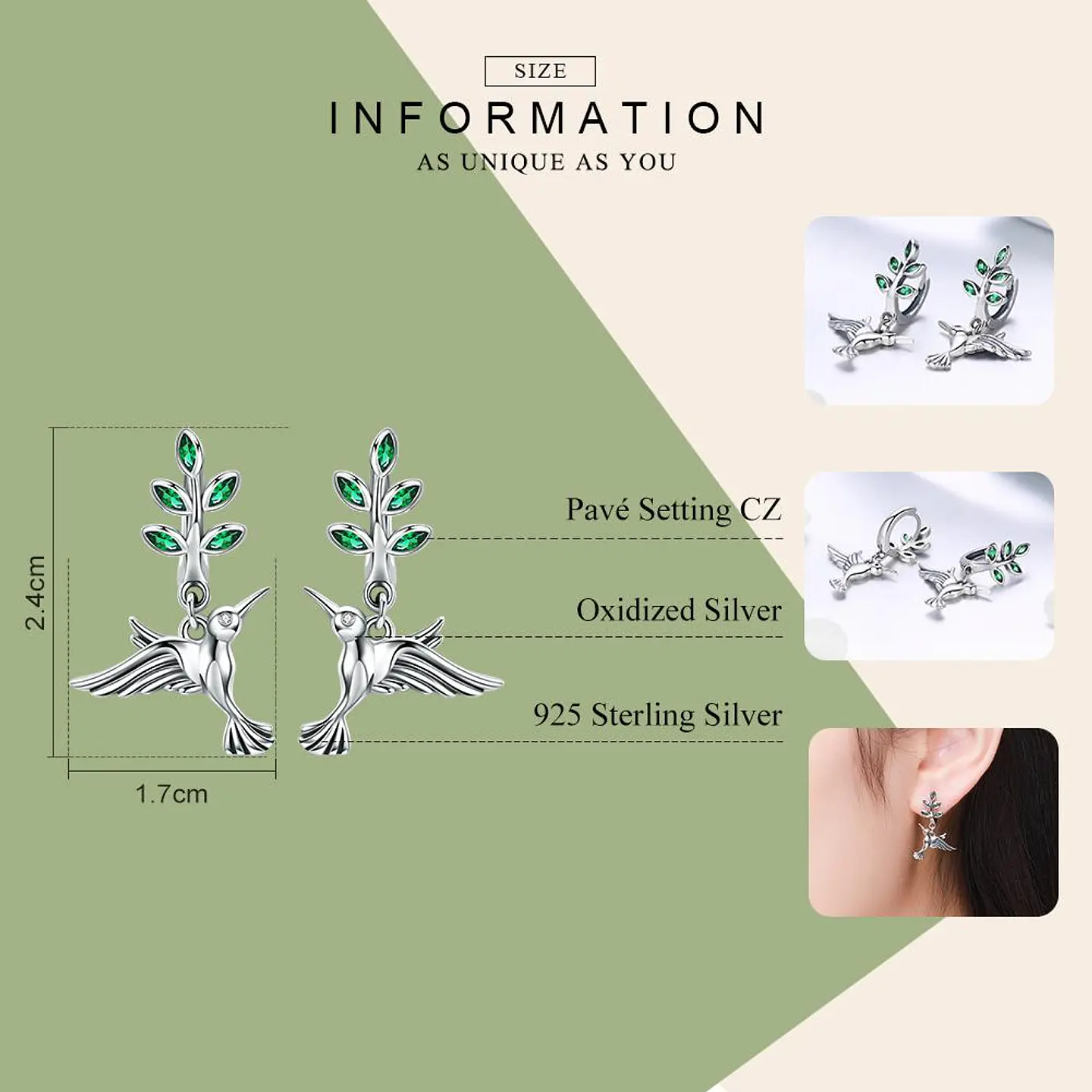Aros Plata 925 Colibri Pajaro con Circones 4