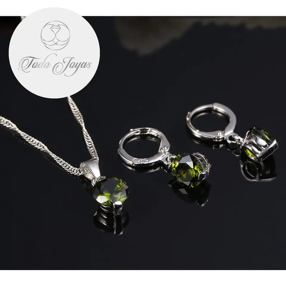 Conjunto Cristal Circulo Verde Plateado 3
