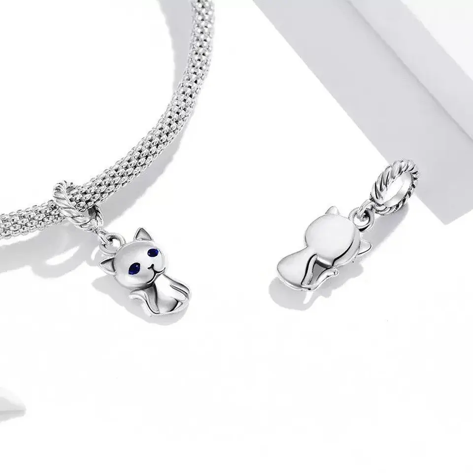 Charm Dije Plata 925 Gatito Ojos Azules  2