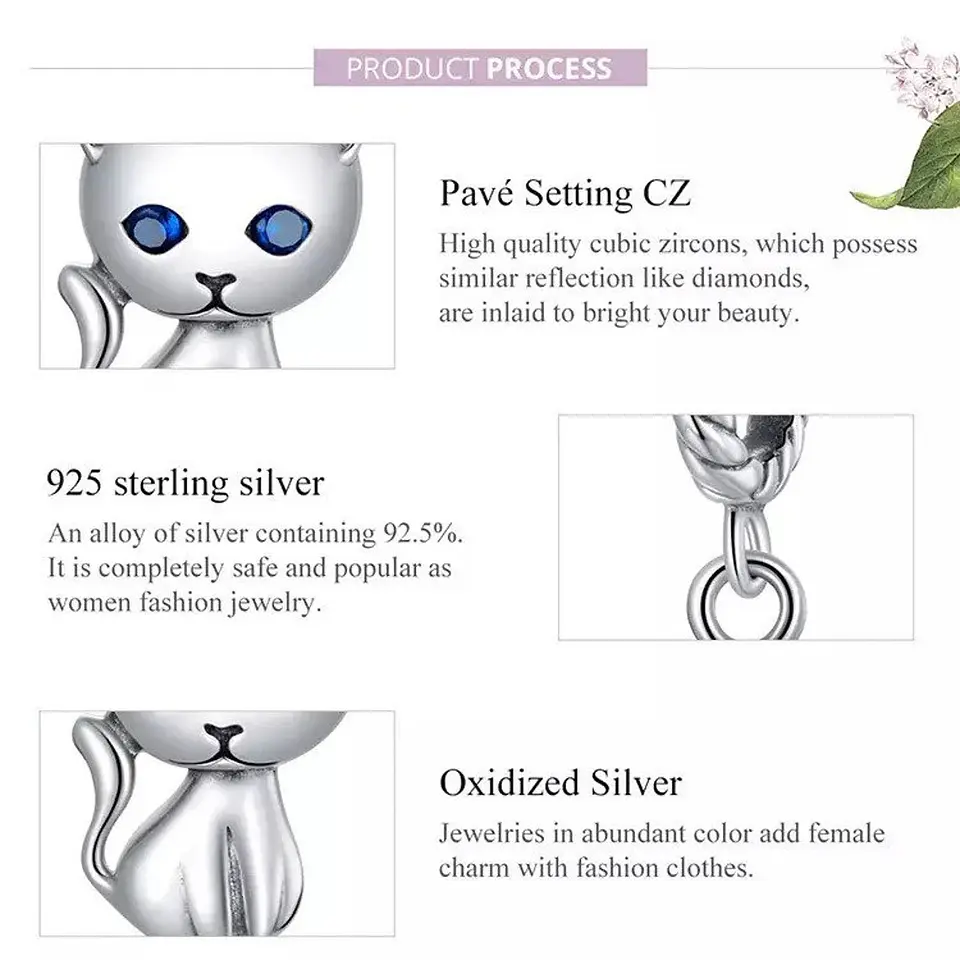 Charm Dije Plata 925 Gatito Ojos Azules  5