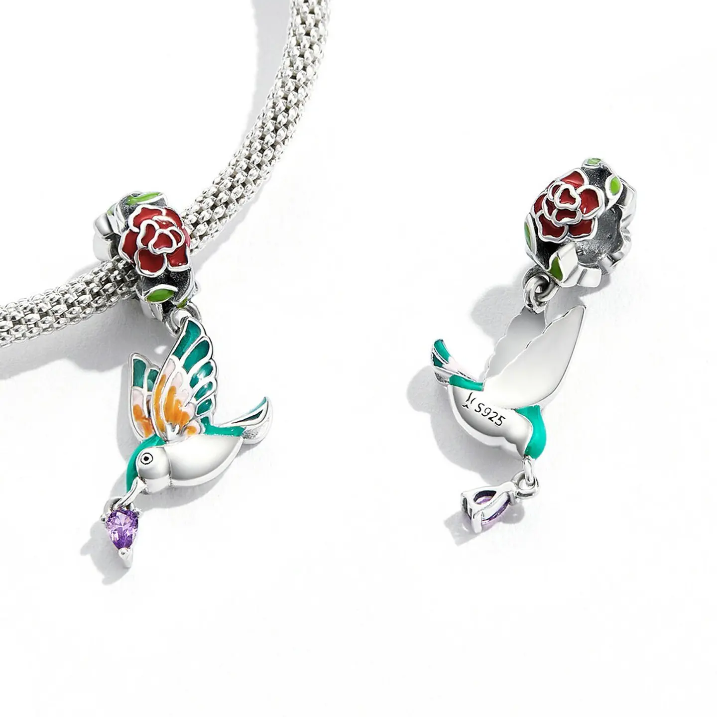 Charm Dije Plata 925 Colibri Ave con Flor 3