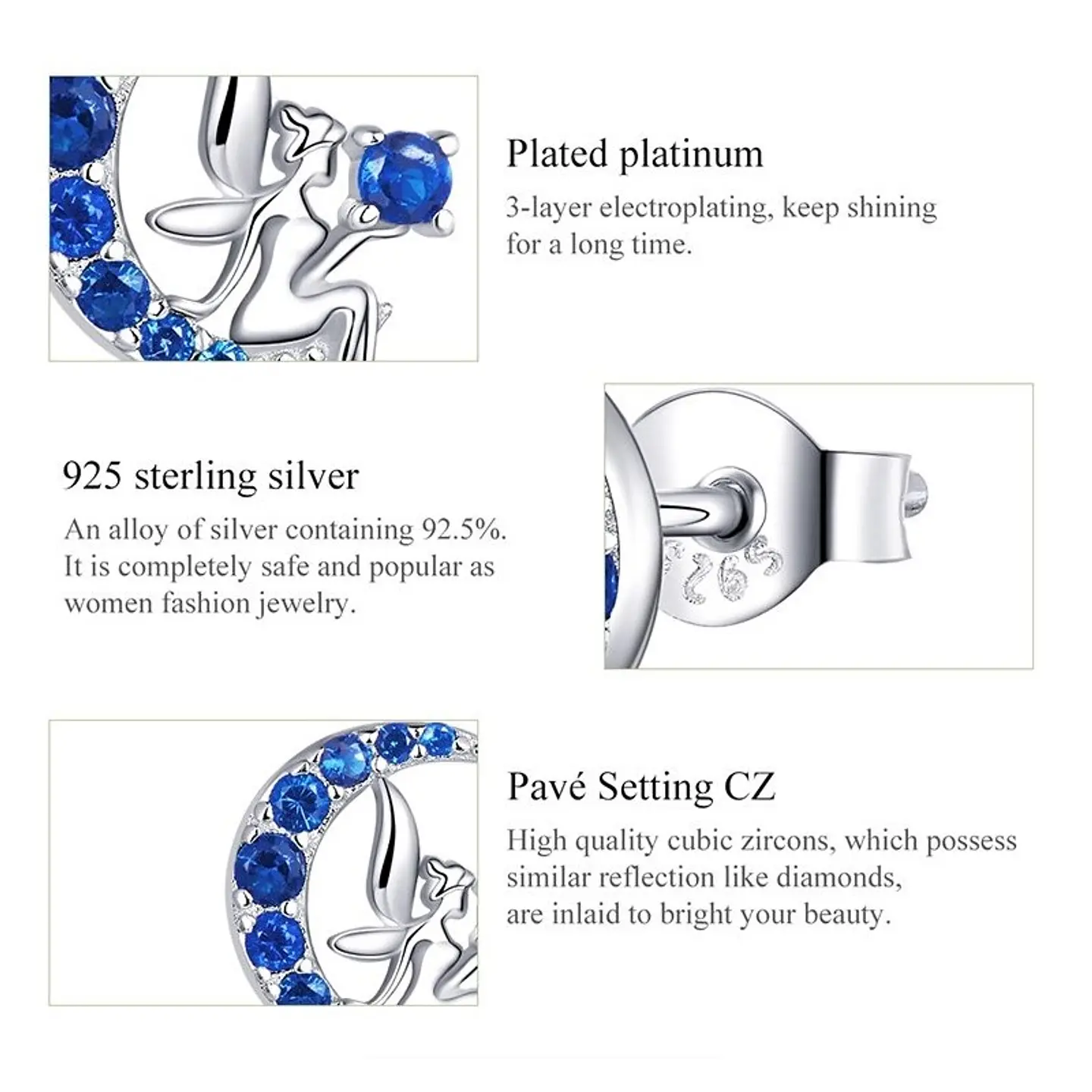 Aros Plata 925 Hada en Luna Azul 3