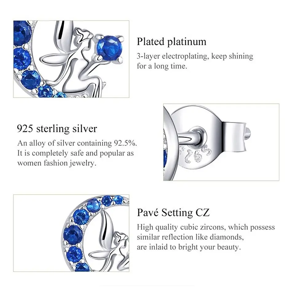 Aros Plata 925 Hada en Luna Azul 3