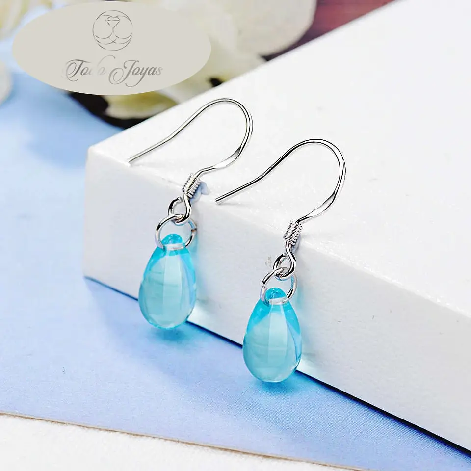 Aros Gota Cristal Celeste Colgante 3