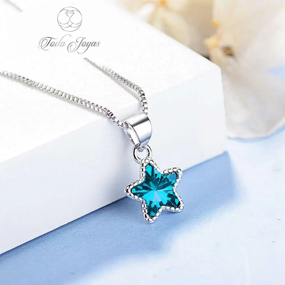 Collar Estrella Circon Azul Plateado 5
