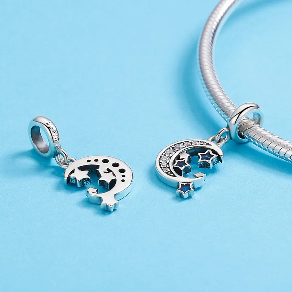 Charm Dije Plata 925 Luna y Estrellas Azul 3