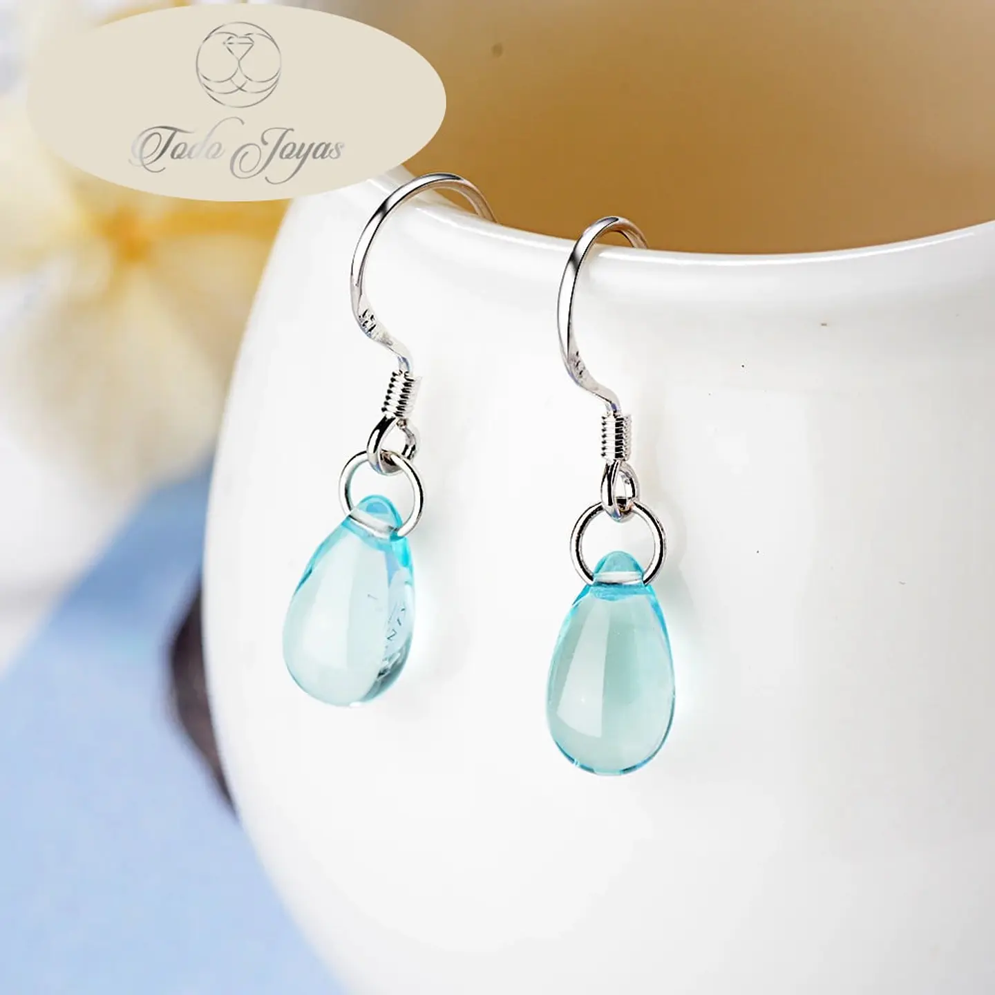 Aros Gota Cristal Celeste Colgante 4