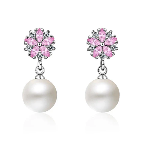Aros Perla Con Circones Rosa Plateado