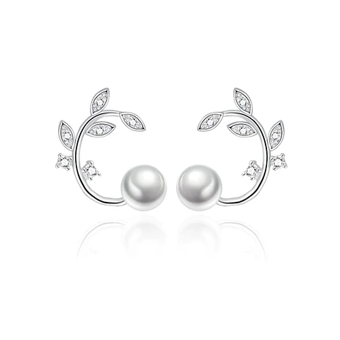 Aros Perla y Hojas Circones Plateado