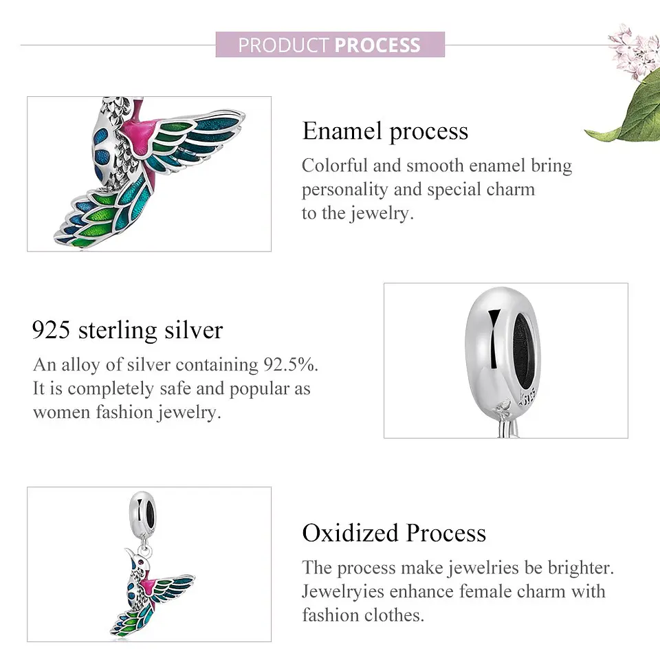Charm Dije Plata 925 Colibri Ave Multicolor Pajaro 6