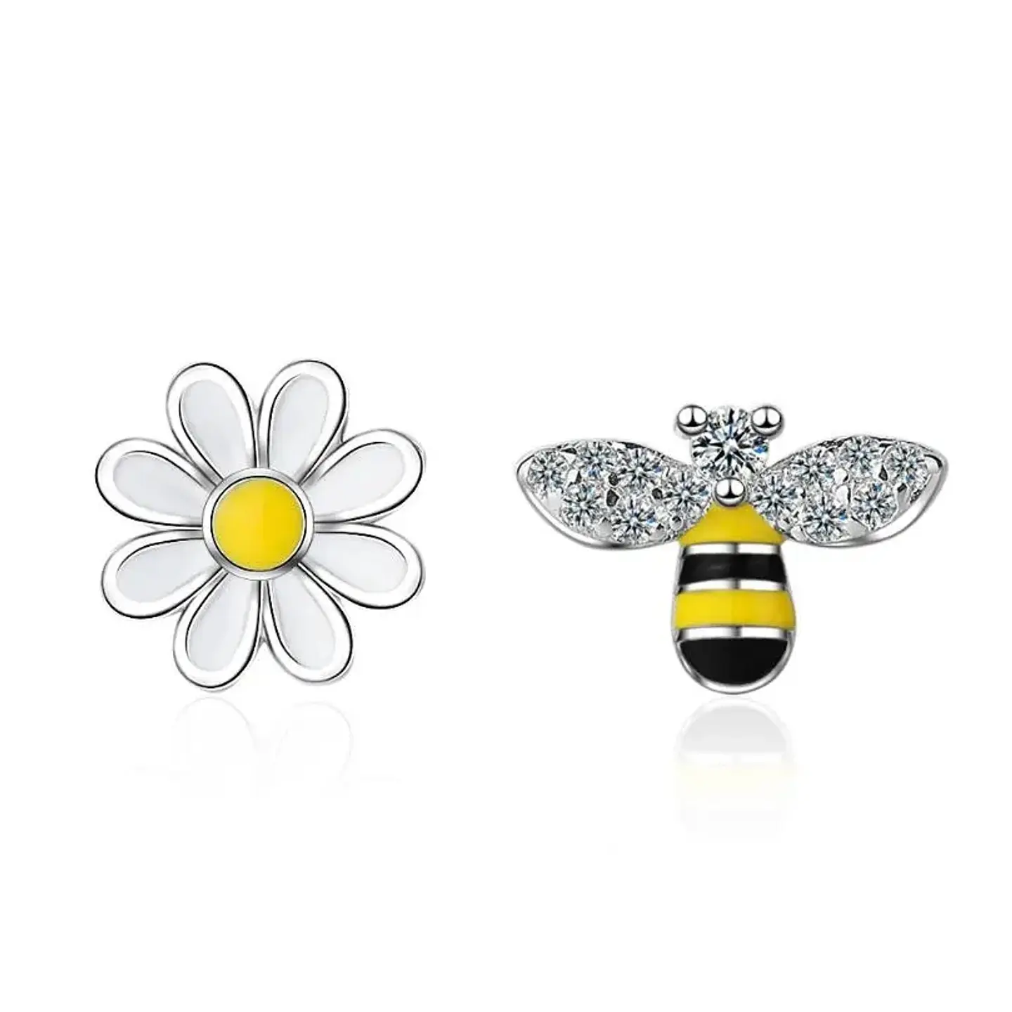 Aros Asimetricos Abeja y Flor Plateado 1