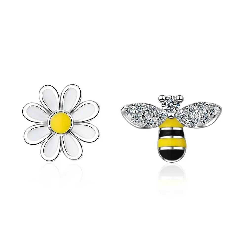 Aros Asimetricos Abeja y Flor Plateado 1