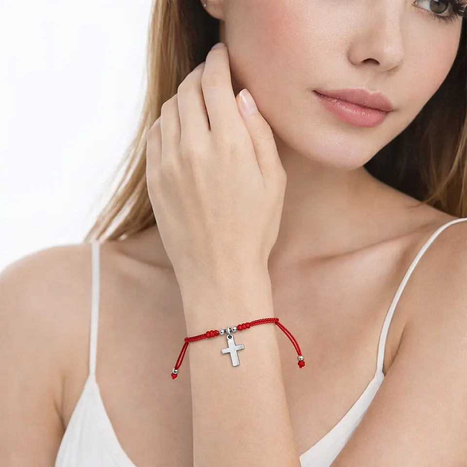 Pulsera Plata 925 Hilo Rojo Trenzado Cruz 2