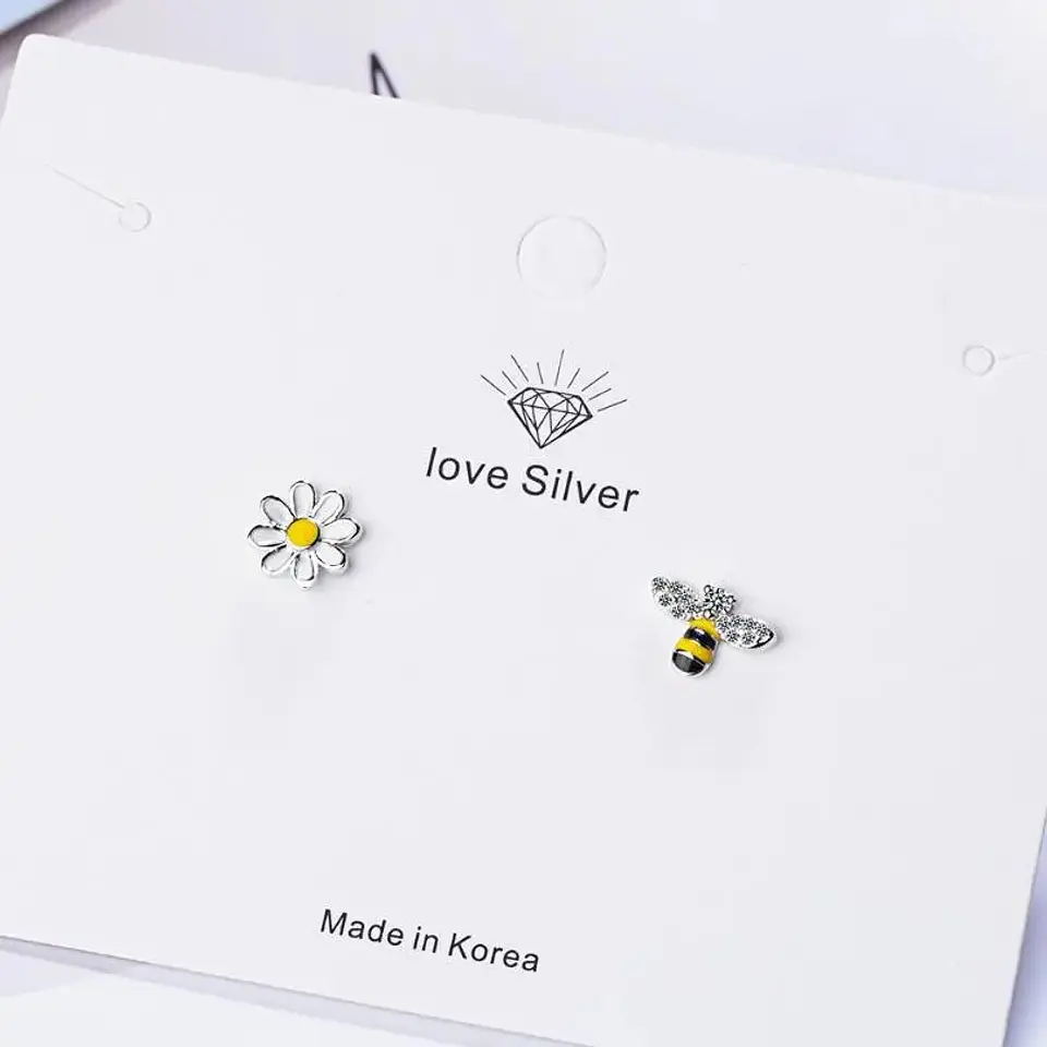 Aros Asimetricos Abeja y Flor Plateado 3