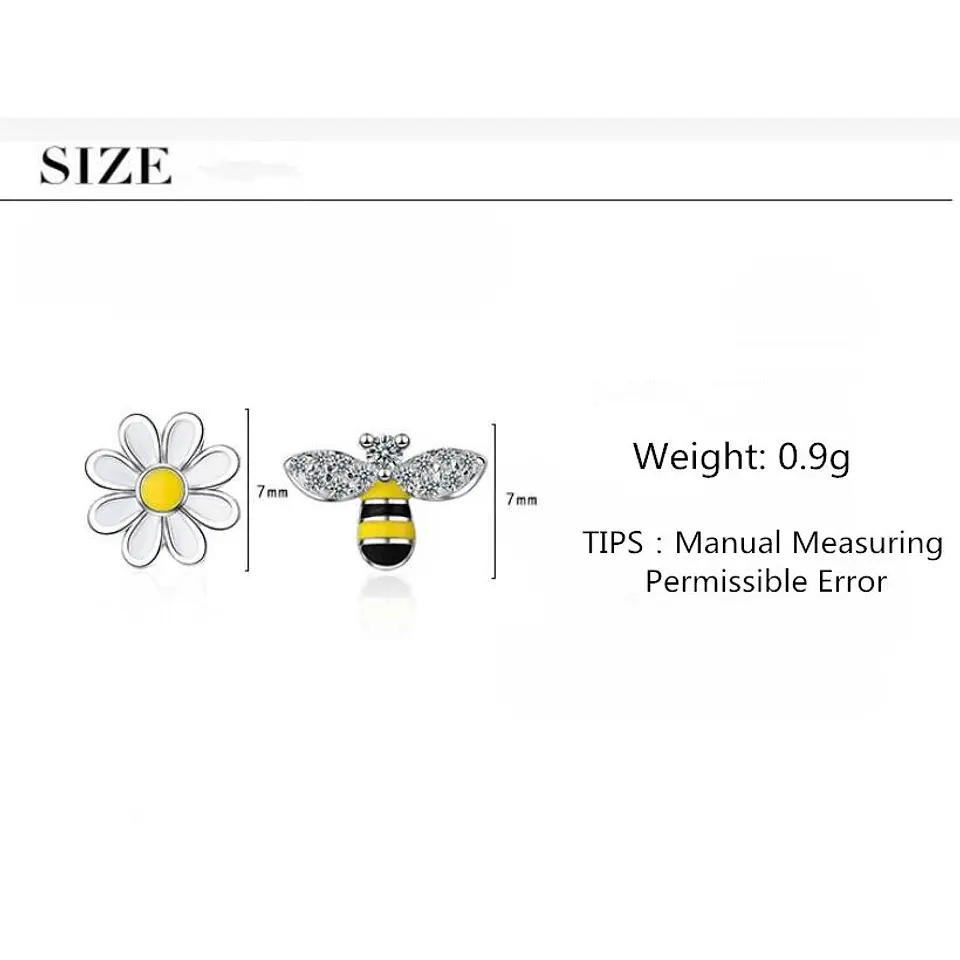Aros Asimetricos Abeja y Flor Plateado 6