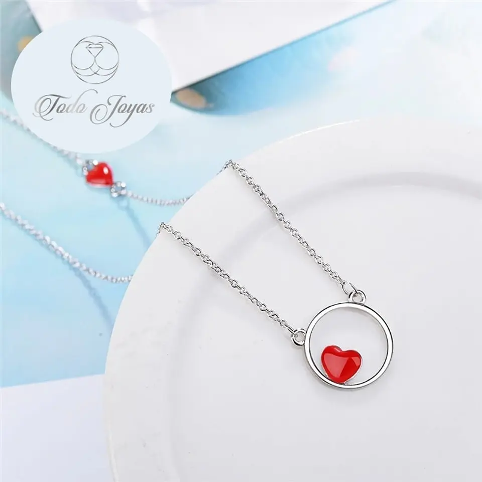 Collar Colgante Corazon Circulo Plateado 5
