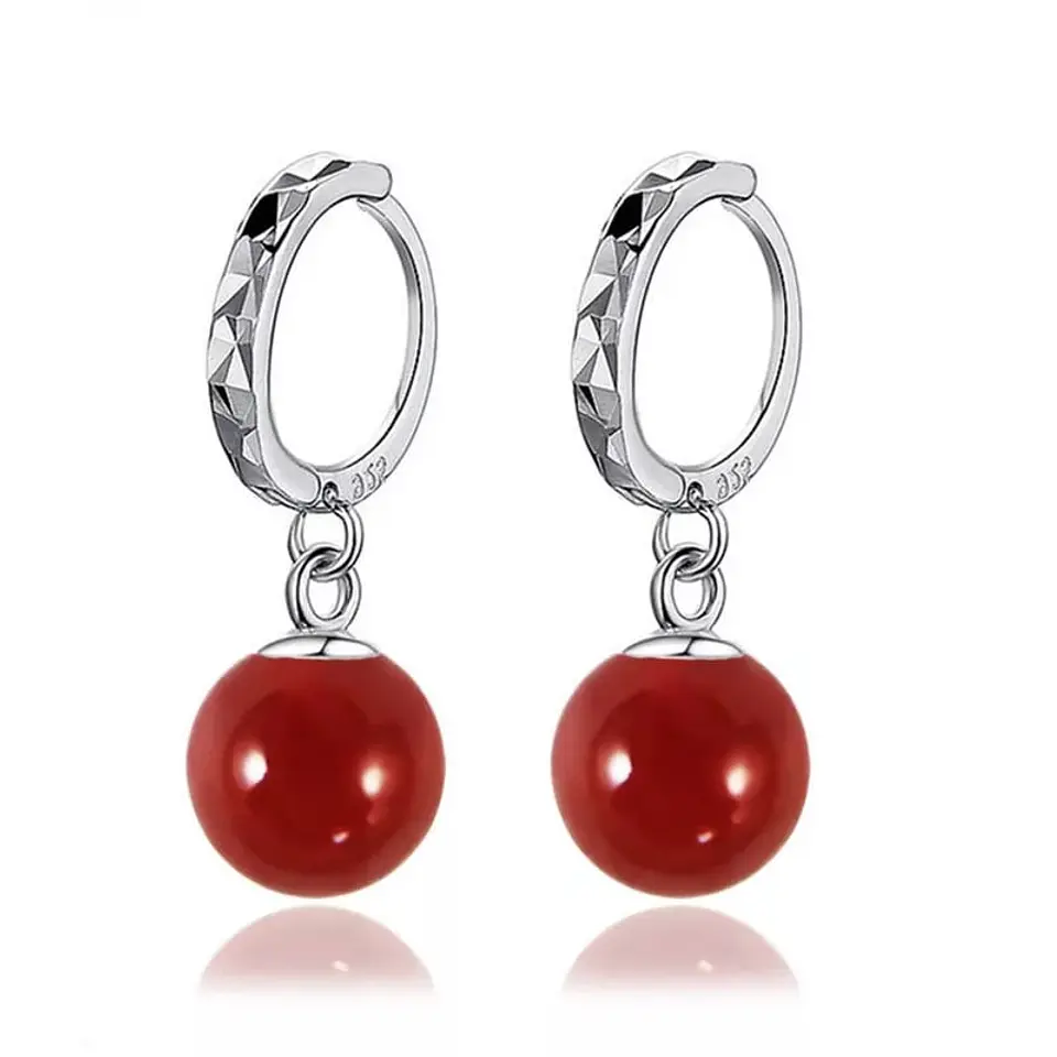Aros Colgante Bolitas Rojas Plateado 1