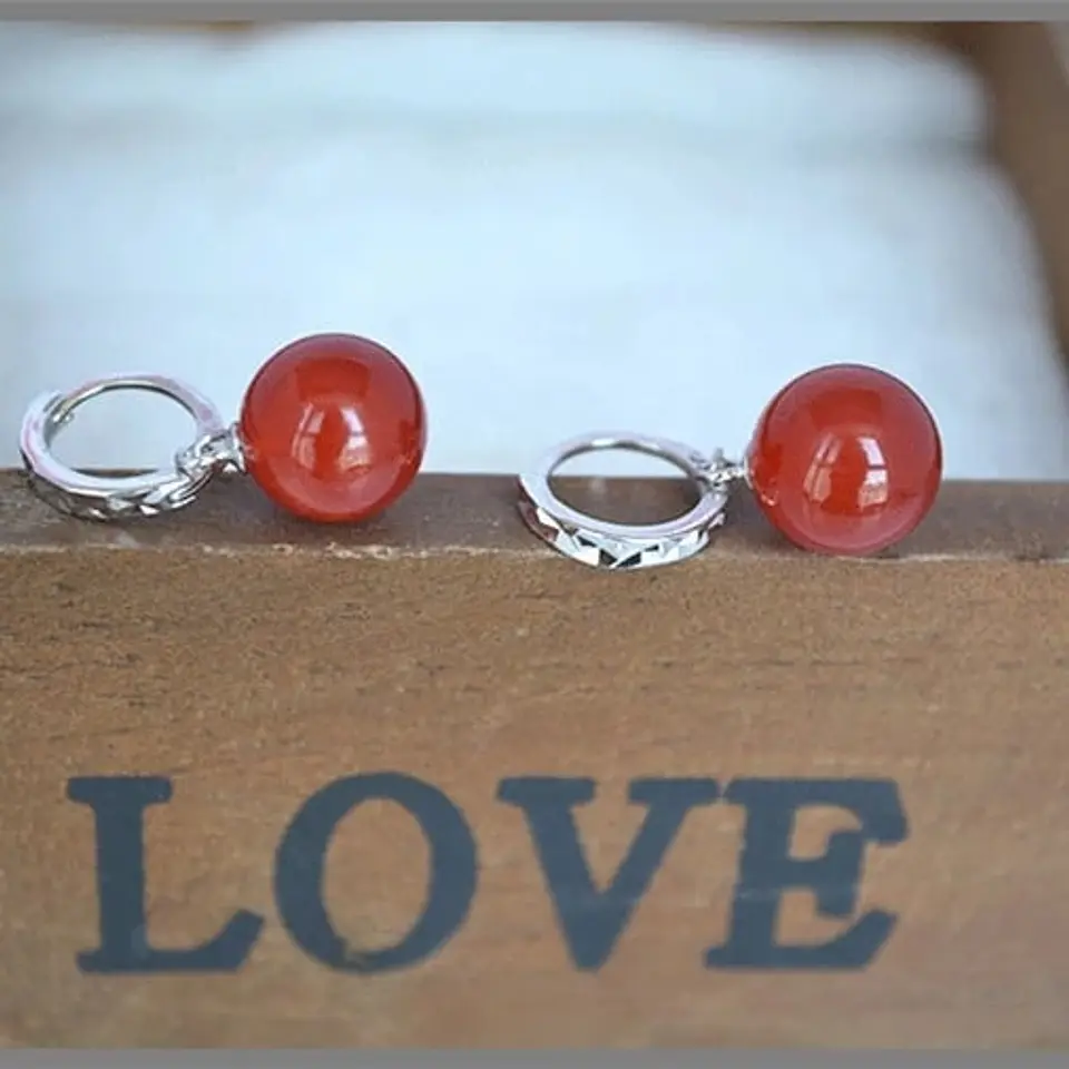 Aros Colgante Bolitas Rojas Plateado 3