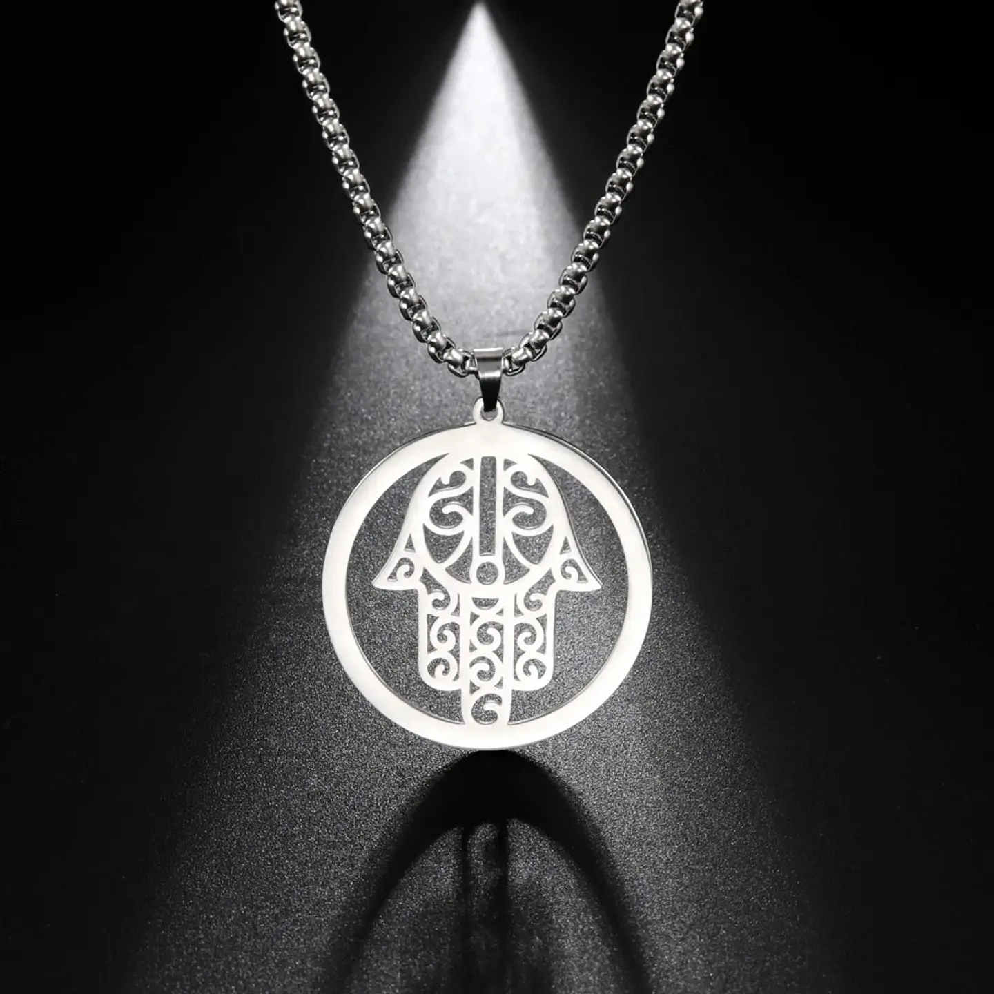 Colgante Collar Mano de Fatima Hamsa Acero Plateado 2