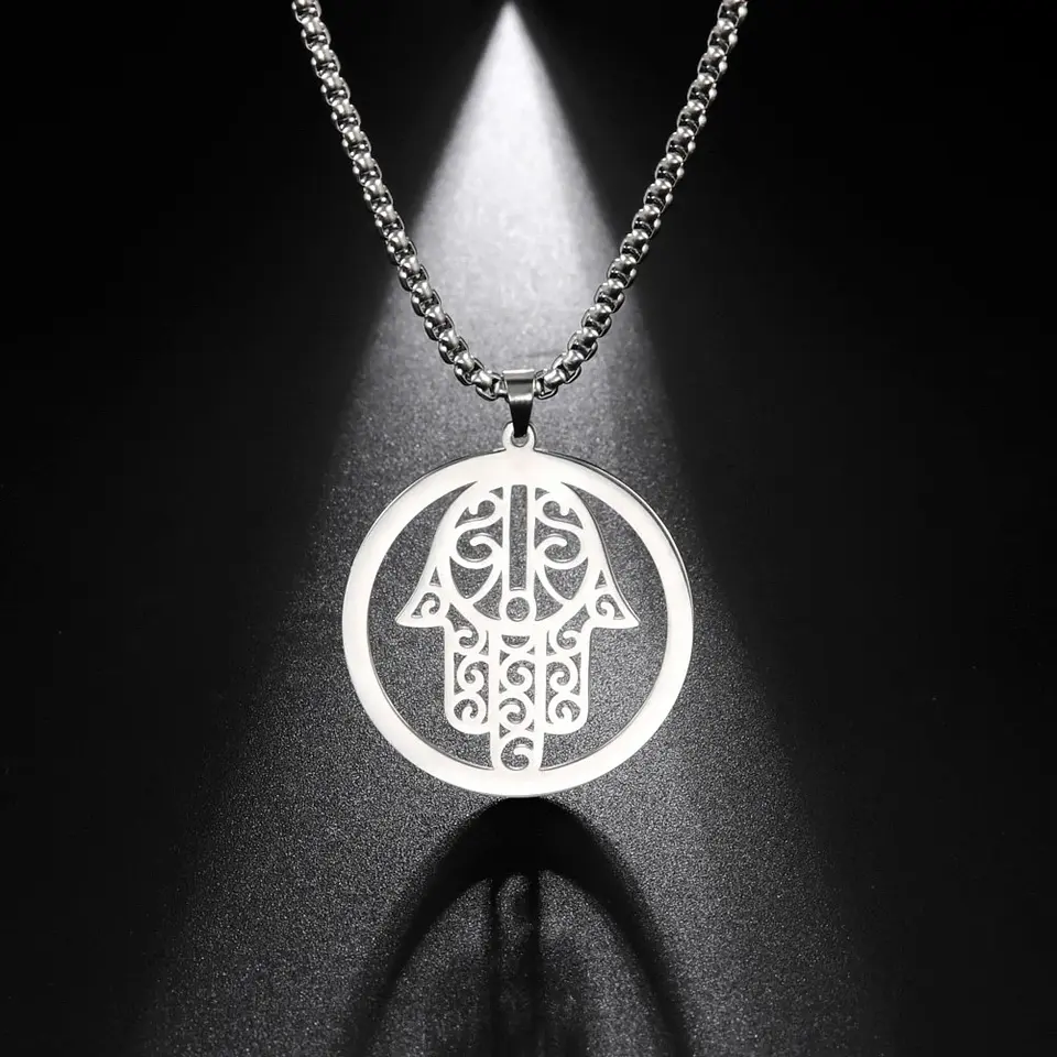Colgante Collar Mano de Fatima Hamsa Acero Plateado 2