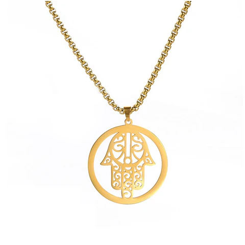Colgante Collar Mano de Fatima Hamsa Acero Dorado