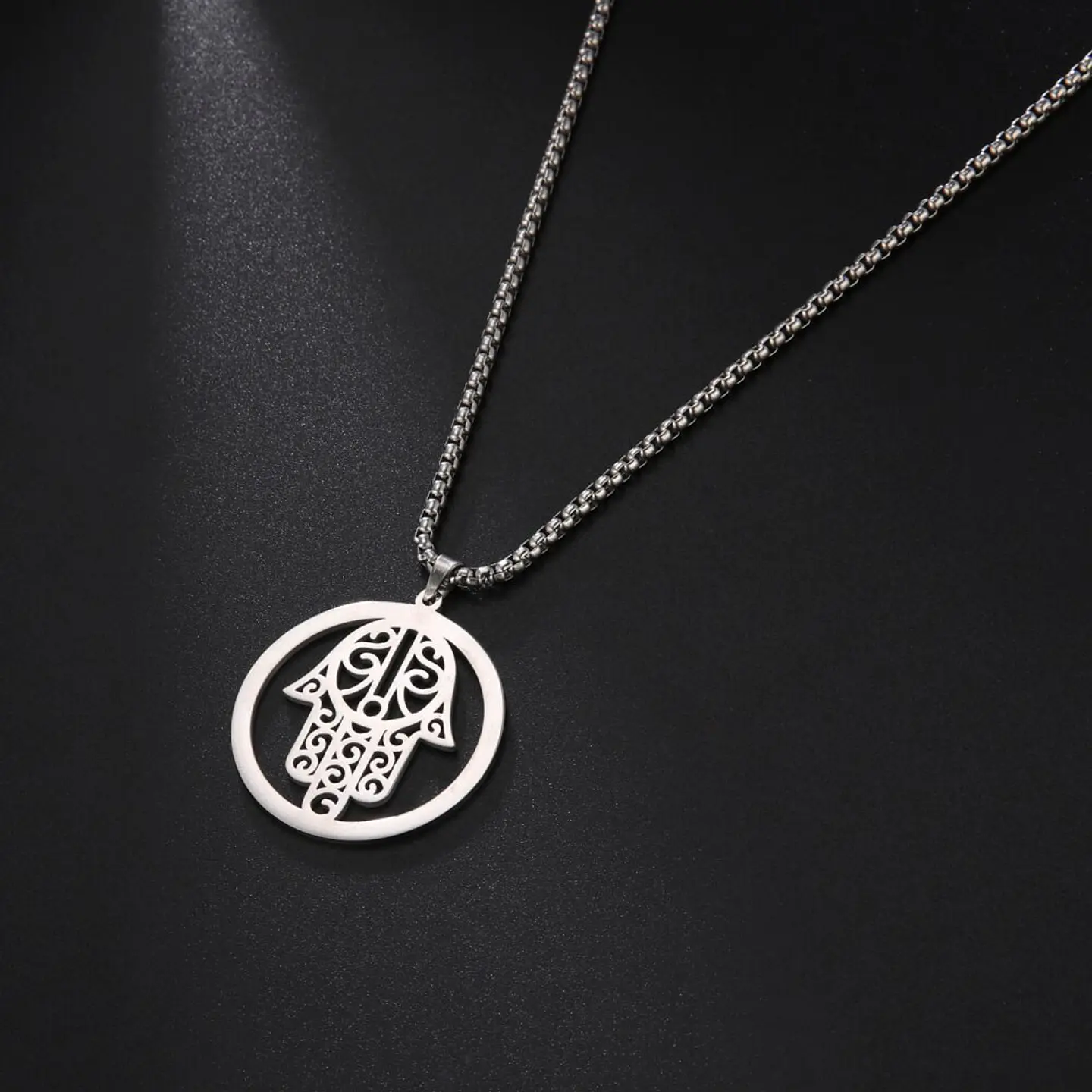 Colgante Collar Mano de Fatima Hamsa Acero Plateado 4