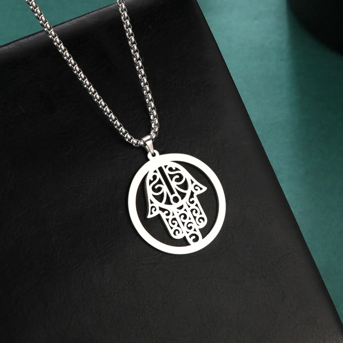 Colgante Collar Mano de Fatima Hamsa Acero Plateado 5