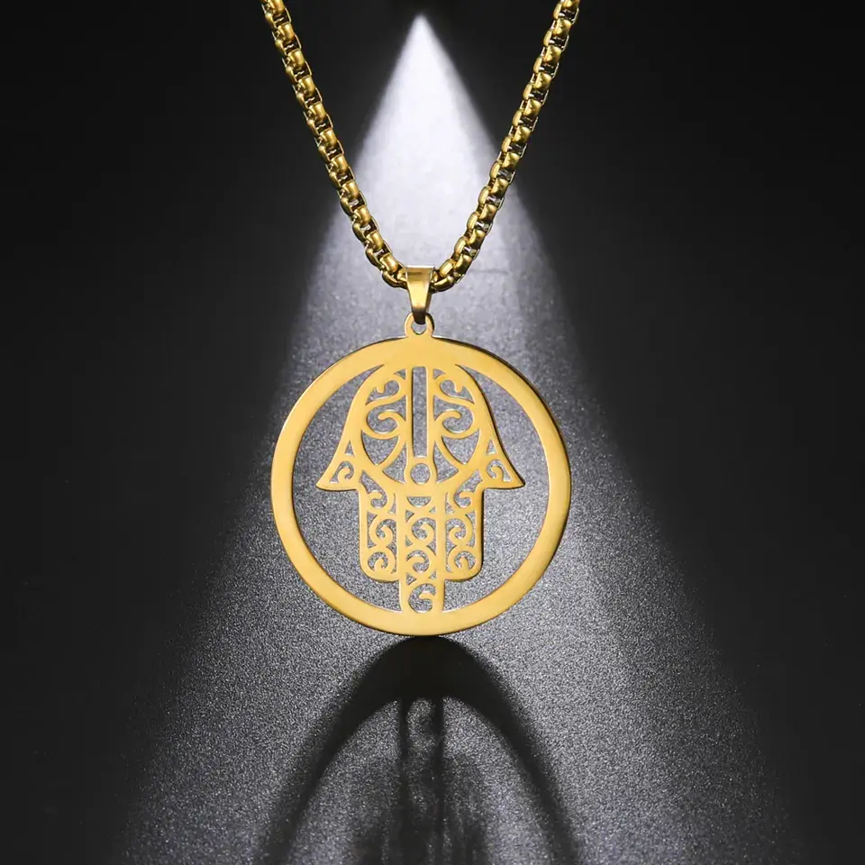 Colgante Collar Mano de Fatima Hamsa Acero Dorado 5
