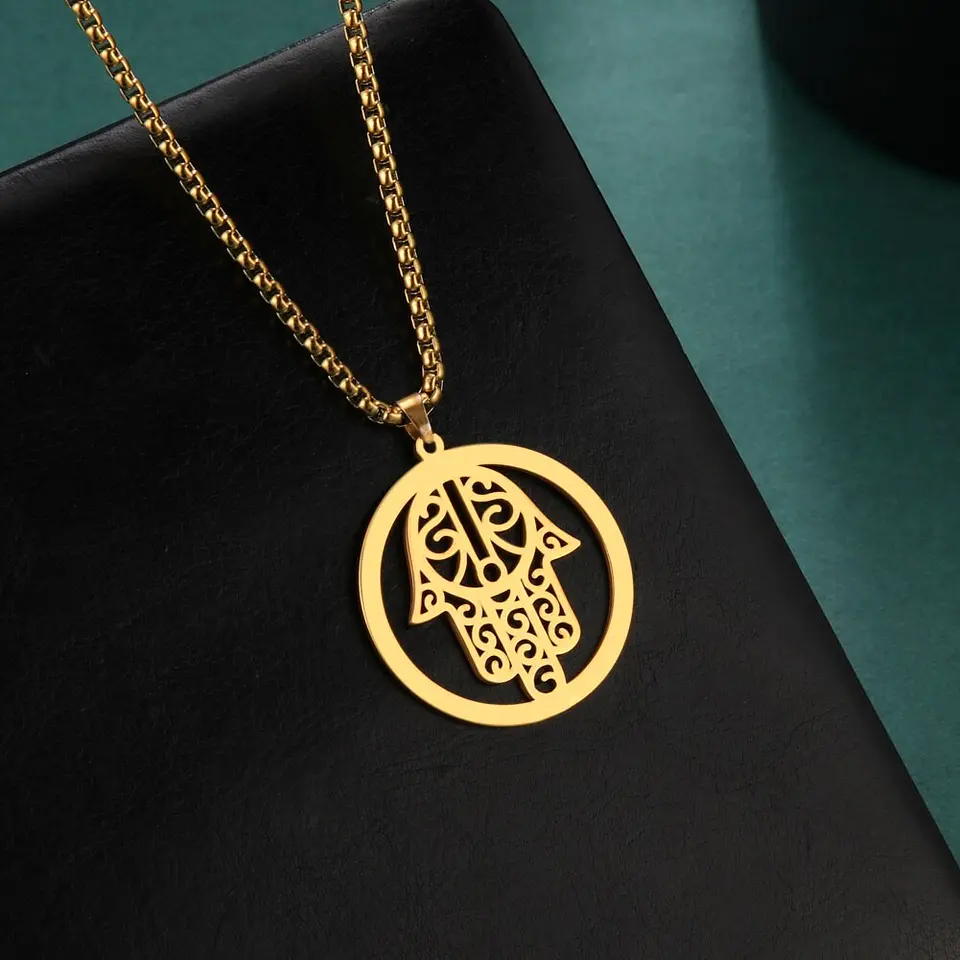 Colgante Collar Mano de Fatima Hamsa Acero Dorado 6