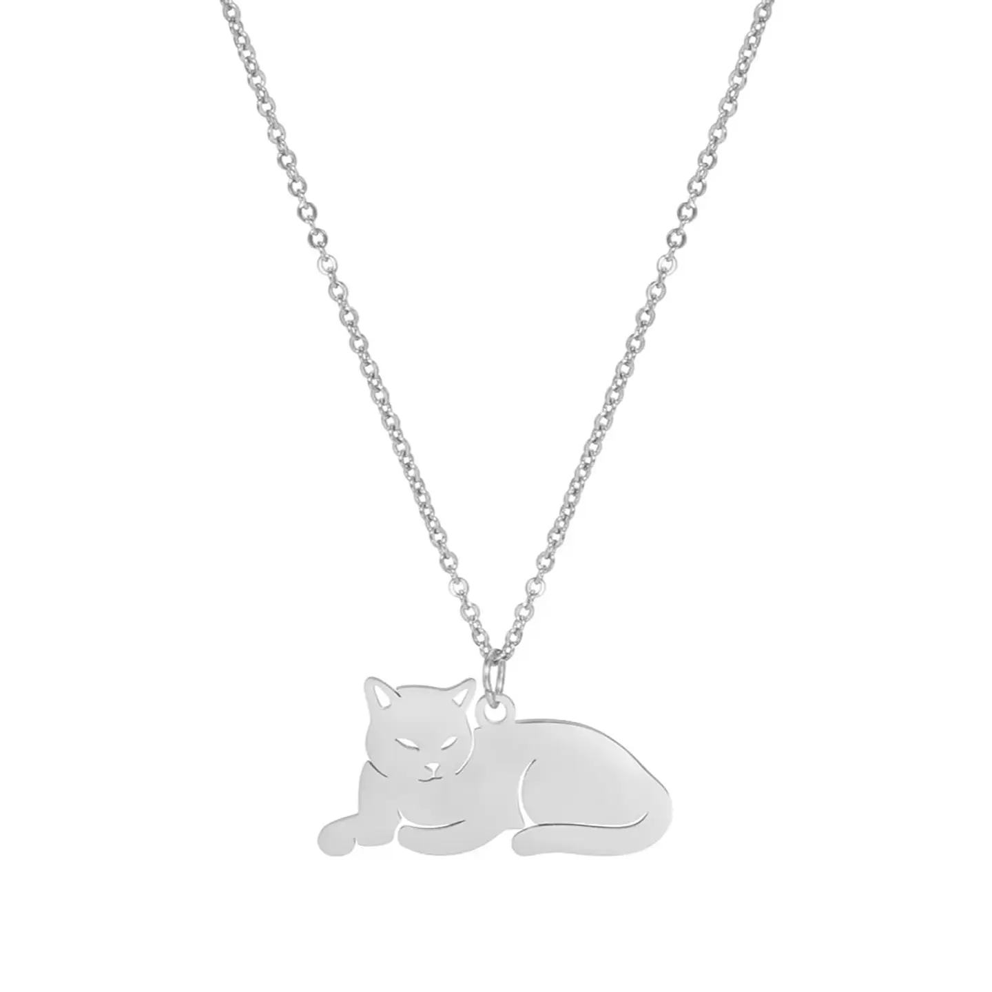 Collar Gato Acostado Gatito Acero Plateado 1