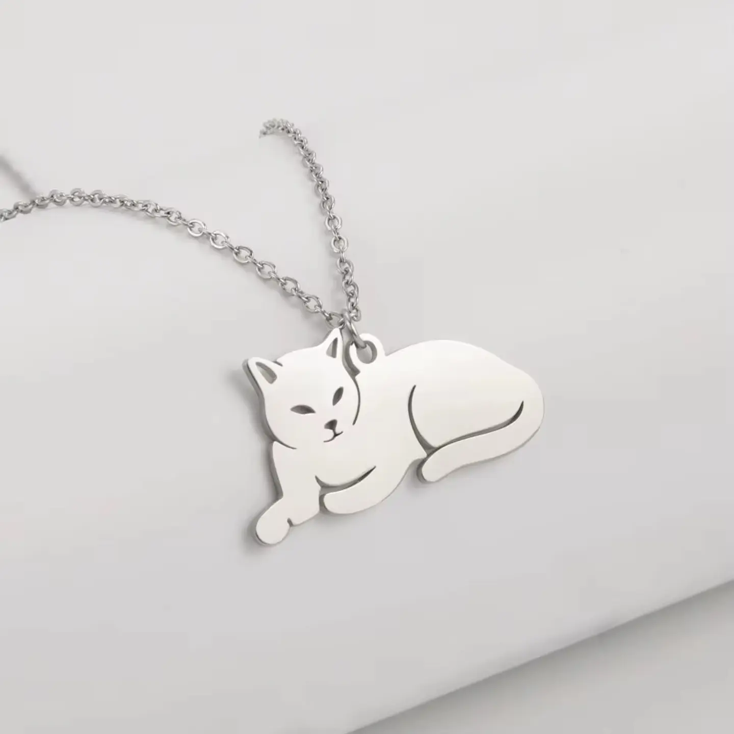Collar Gato Acostado Gatito Acero Plateado 2