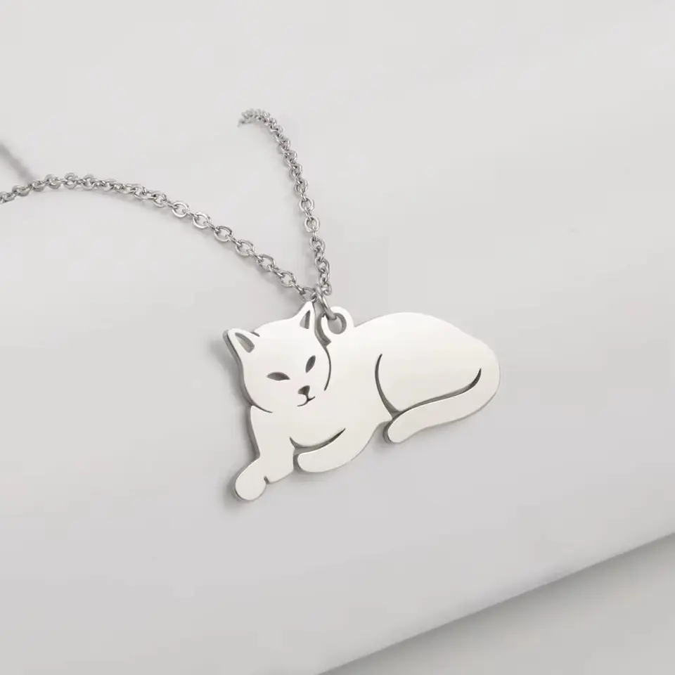 Collar Gato Acostado Gatito Acero Plateado 2