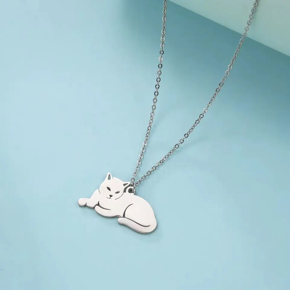 Collar Gato Acostado Gatito Acero Plateado 3