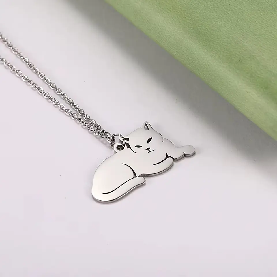 Collar Gato Acostado Gatito Acero Plateado 4