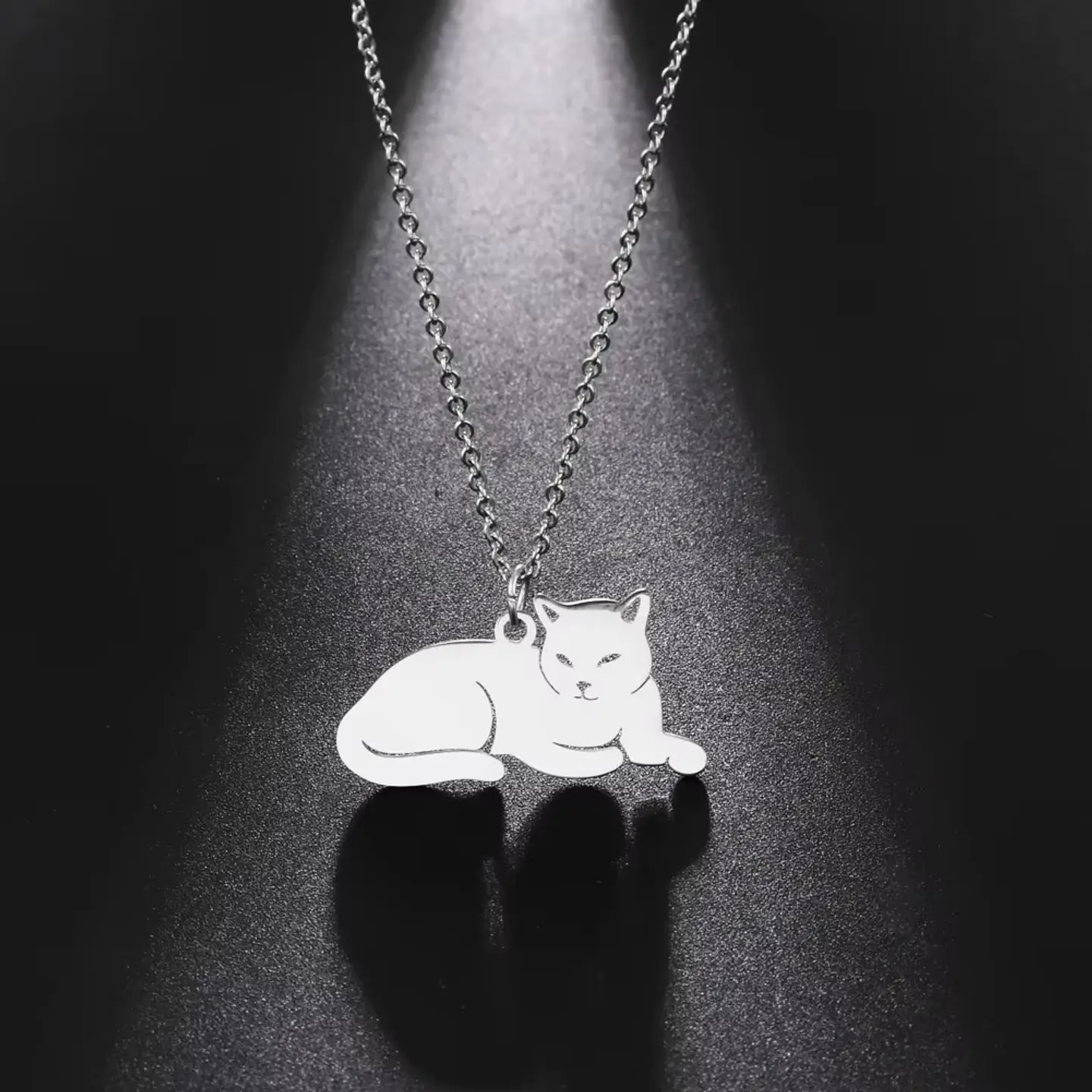 Collar Gato Acostado Gatito Acero Plateado 6