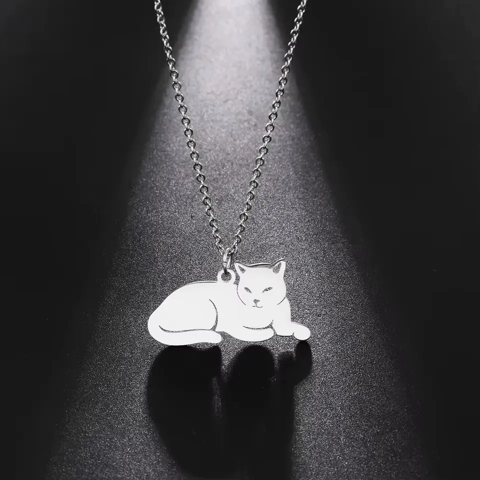 Collar Gato Acostado Gatito Acero Plateado 6